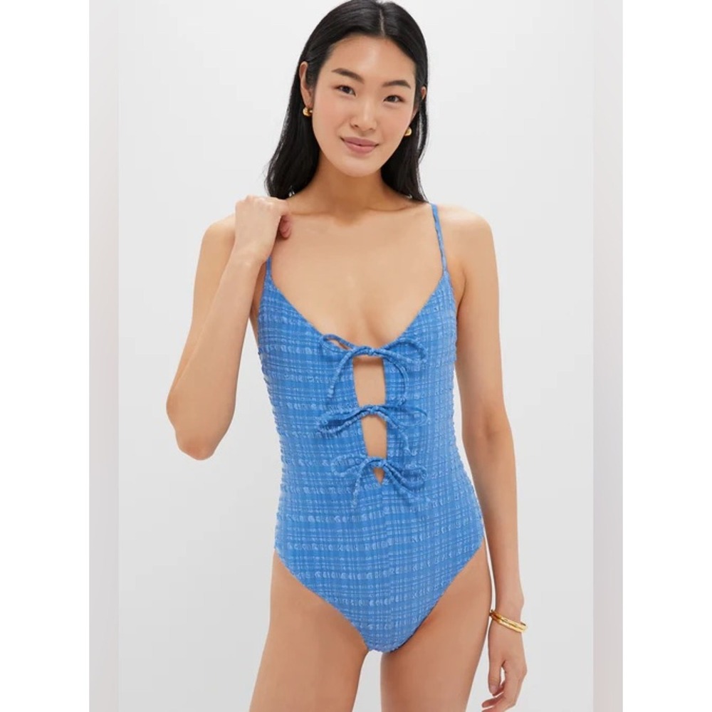 Tuckernuck Lisa Marie Fernandez Blue Seersucker Tie Front One Piece Swimsuit M